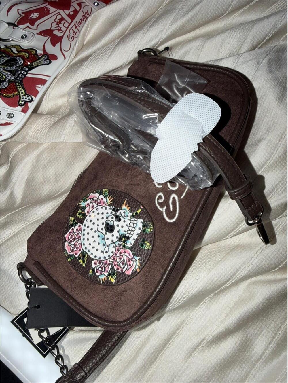 Ed Hardy Small Brown Embroidered Rhinestone Skull Rose Shoulder Bag